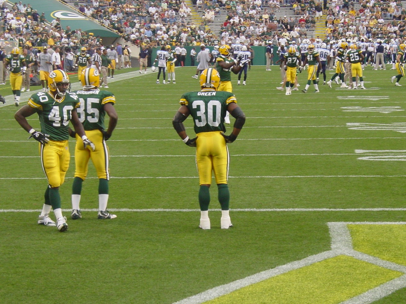 Ahman Green, No. 30, on the field at Lambeau Field